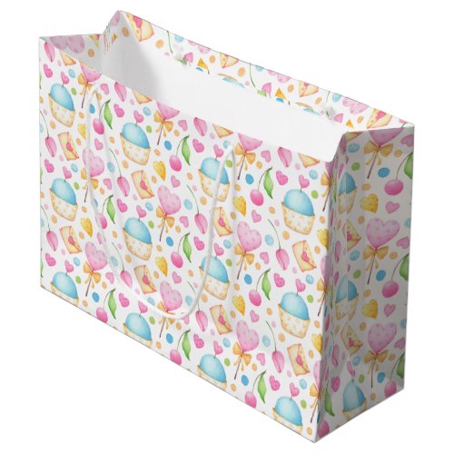 Hearts and Muffins Delightful Watercolor Pattern Large Gift Bag