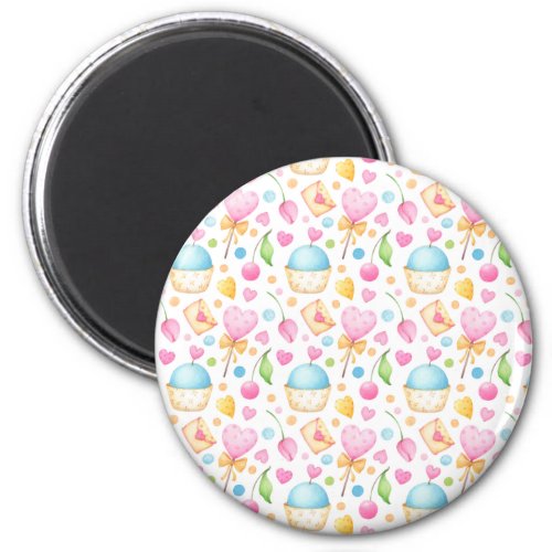 Hearts and Muffins Delightful Watercolor Pattern Magnet