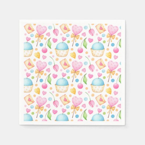 Hearts and Muffins Delightful Watercolor Pattern Napkins