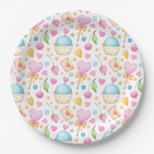 Hearts and Muffins Delightful Watercolor Pattern Paper Plates