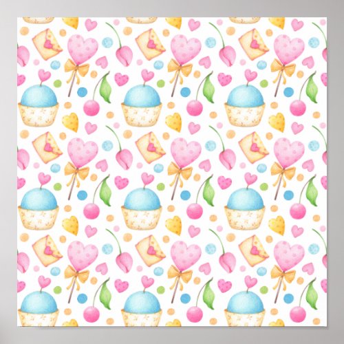 Hearts and Muffins Delightful Watercolor Pattern Poster