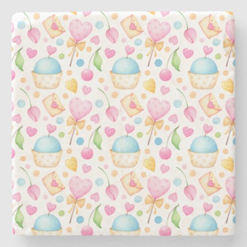 Hearts and Muffins Delightful Watercolor Pattern Stone Coaster