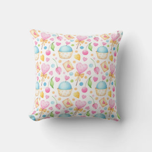 Hearts and Muffins Delightful Watercolor Pattern Throw Pillow