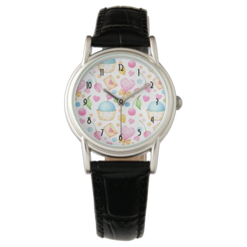 Hearts and Muffins Delightful Watercolor Pattern Watch