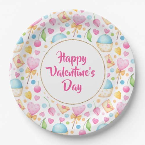 Hearts and Muffins Valentines Watercolor Pattern Paper Plates