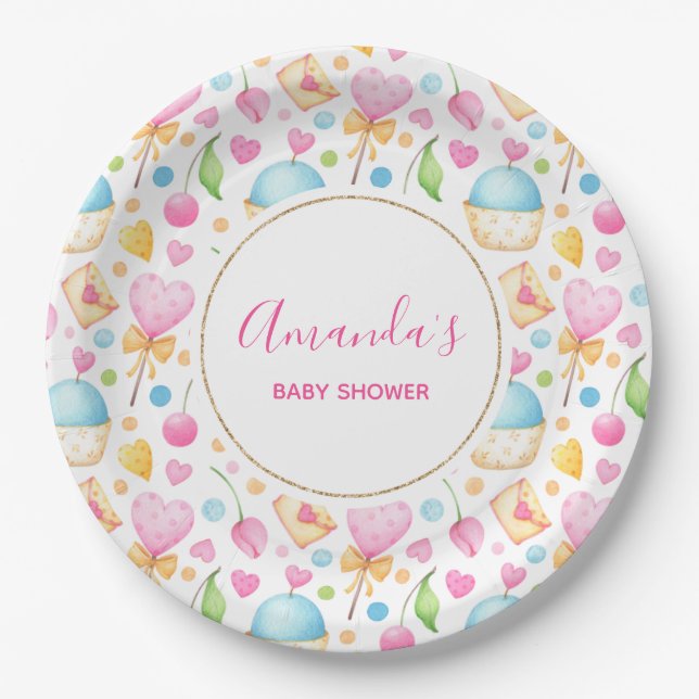 Hearts and Muffins Watercolor Pattern Party Paper Plates (Front)