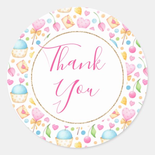 Hearts and Muffins Watercolor Pattern Thank You Classic Round Sticker
