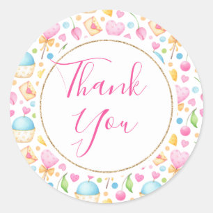 Hearts and Muffins Watercolor Pattern Thank You Classic Round Sticker