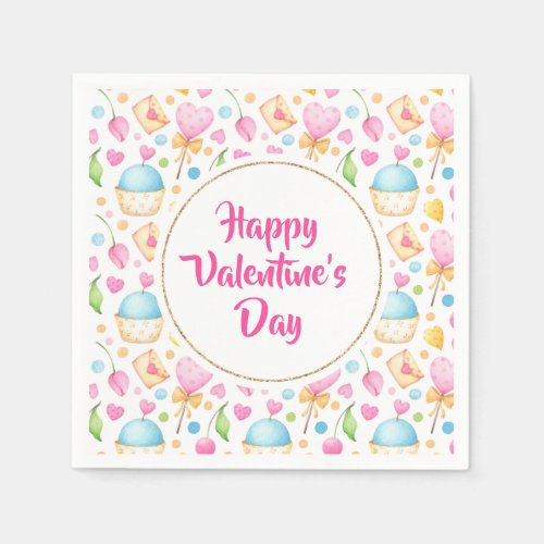 Hearts and Muffins Watercolor Pattern Valentines Napkins