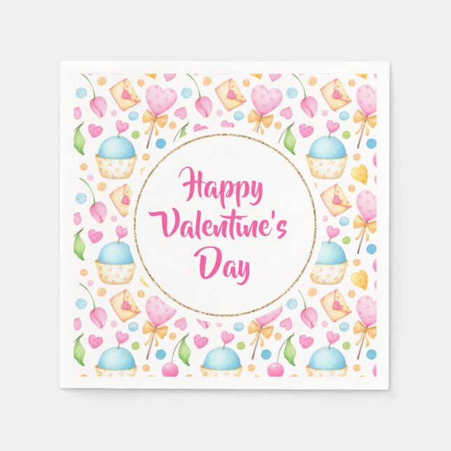 Hearts and Muffins Watercolor Pattern Valentine's Napkins (Front)