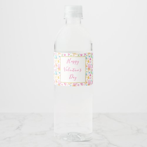 Hearts and Muffins Watercolor Pattern Valentines Water Bottle Label