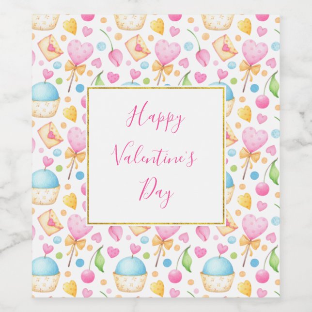 Hearts and Muffins Watercolor Pattern Valentine's Wine Label (Single Label)