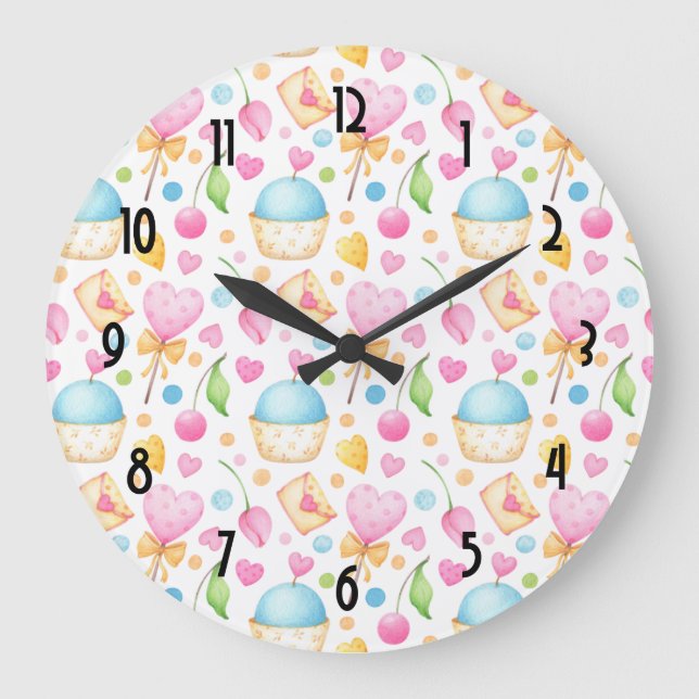 Hearts and Muffins Yummy Watercolor Pattern Large Clock (Front)