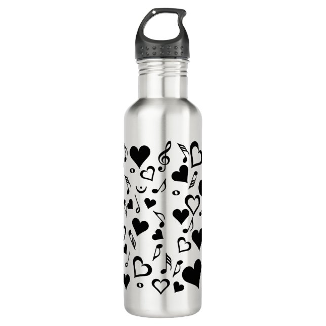 Hearts and Music Notes Stainless Steel Water Bottle (Front)