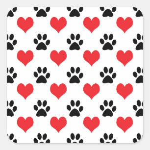 Hearts and paw prints pattern square sticker