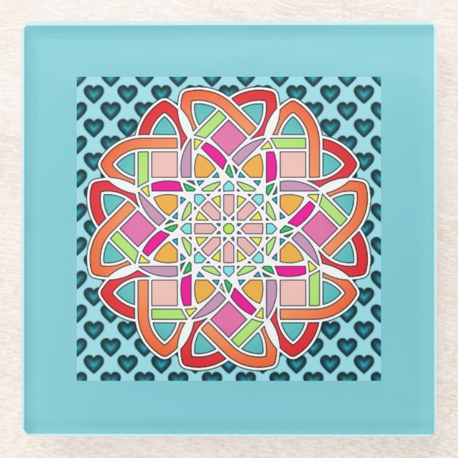 Hearts and Quilt Design Blue Beverage Coaster (Front)