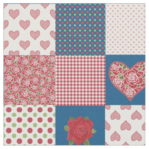 Hearts and Red Roses Faux Patchwork Pattern Fabric