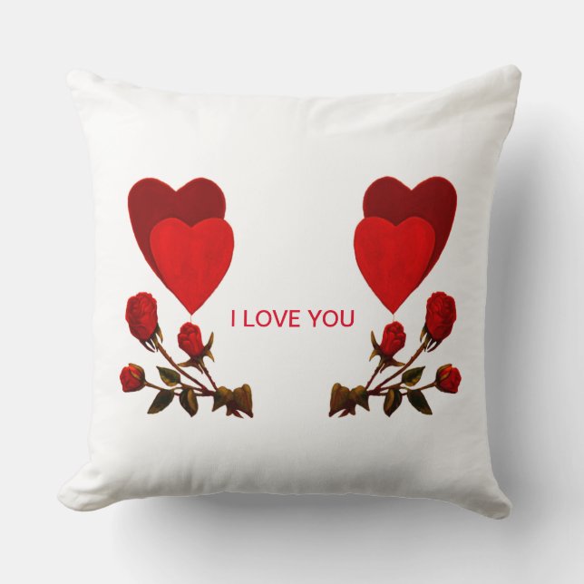 Hearts and red roses I Love YOU Throw Pillow (Front)