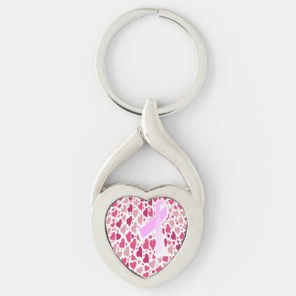 Hearts and Ribbon Breast Cancer Awareness Keychain