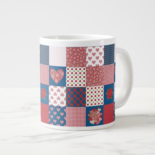 Hearts and Roses Faux Patchwork Jumbo Coffee Mug (Front Right)