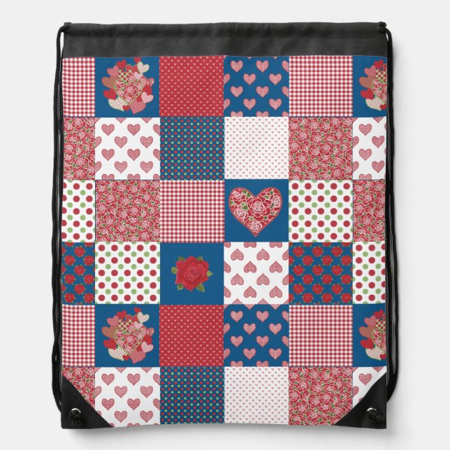 Hearts and Roses Patchwork Drawstring BackPack (Front)
