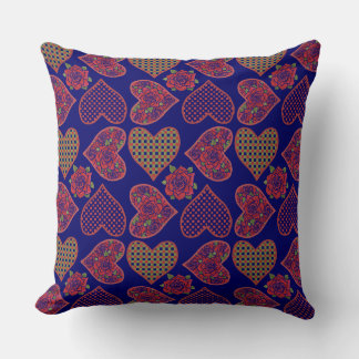 Hearts and Roses Pattern on Deep Blue Throw Pillow