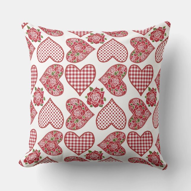 Hearts and Roses Pattern on White Background Throw Pillow (Front)
