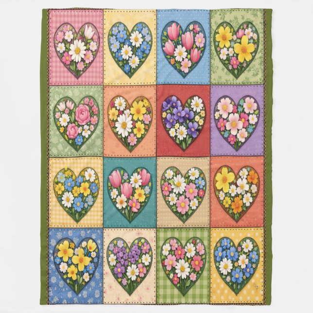 Hearts and Roses Quilt-like Fleece Blanket (Front)