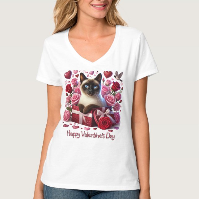 Hearts and Roses Valentines Day Siamese Cat  T-Shirt (Front)