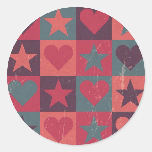 Hearts And Stars Pattern Pink Classic Round Sticker (Front)