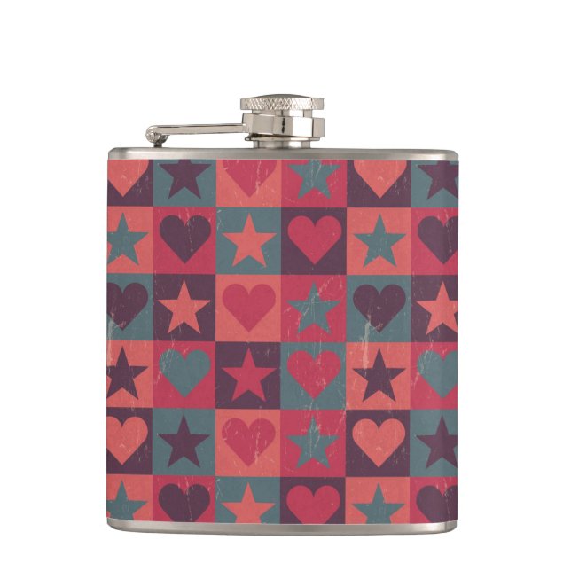 Hearts And Stars Pattern Pink Hip Flask (Front)