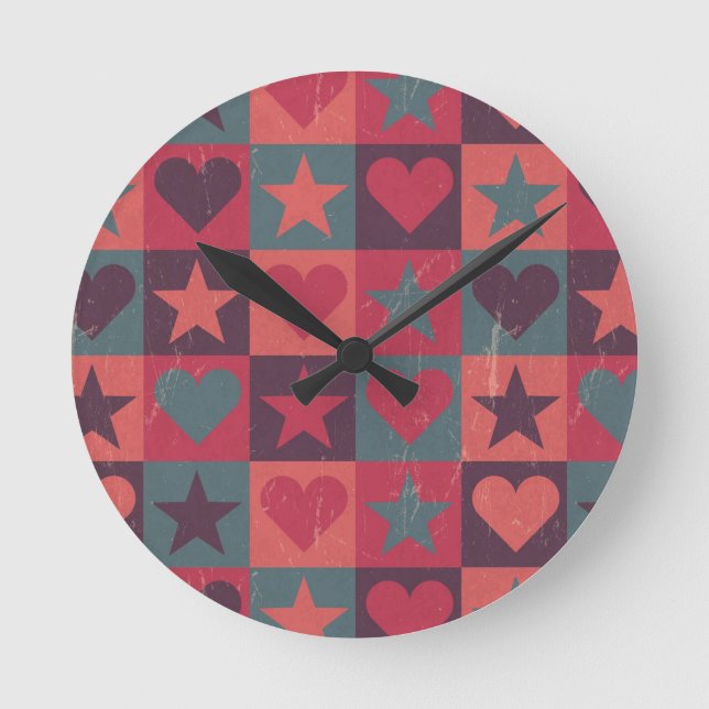 Hearts And Stars Pattern Pink Round Clock (Front)