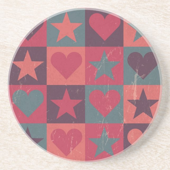 Hearts And Stars Pattern Pink Sandstone Coaster (Front)
