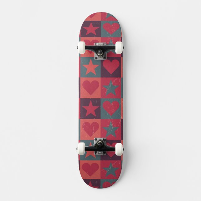 Hearts And Stars Pattern Pink Skateboard Deck (Front)