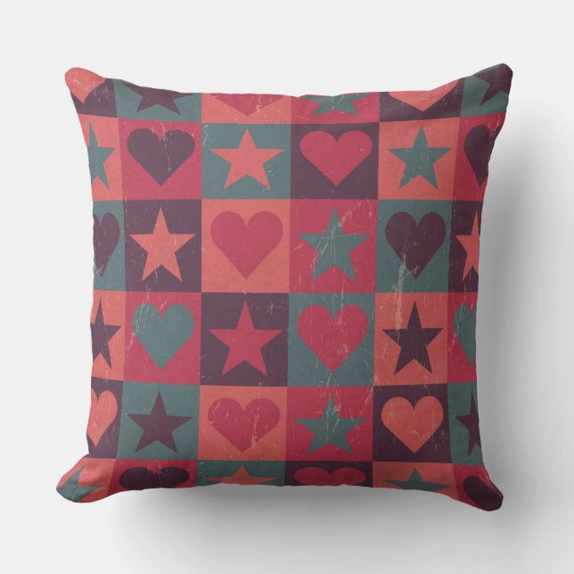 Hearts And Stars Pattern Pink Throw Pillow (Front)
