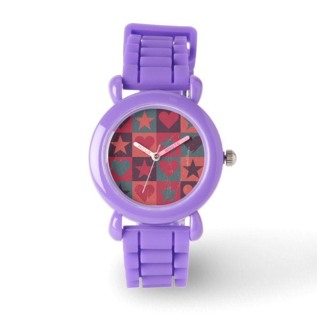 Hearts And Stars Pattern Pink Watch (Front)