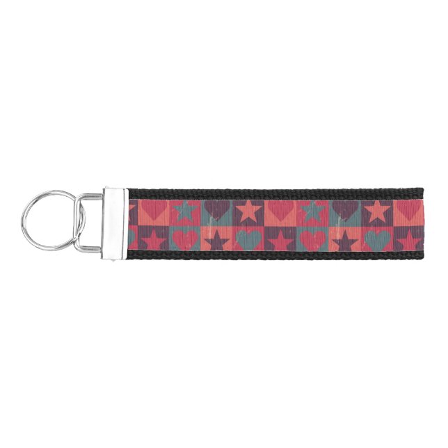 Hearts And Stars Pattern Pink Wrist Keychain (Keys on Left)