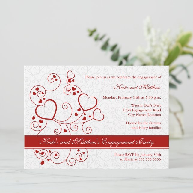 Hearts and Swirls Engagement Party Invitation (Standing Front)