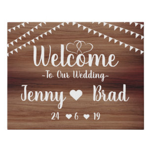Hearts And Wood Rustic Wedding Welcome Faux Canvas Print