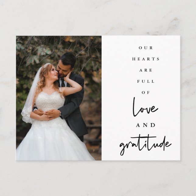 Hearts are Full Script Wedding Photo Thank You Postcard (Front)