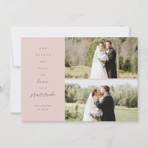 Hearts are Full Three Photo Blush Gray Wedding Thank You Card