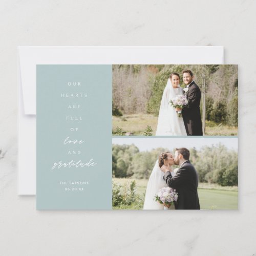 Hearts are Full Three Photo Mint Wedding Thank You Card