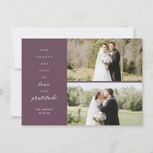 Hearts are Full Three Photo Purple Wedding Thank You Card