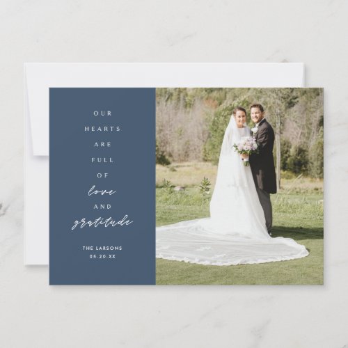 Hearts are Full Two Photo Blue Wedding Thank You Card