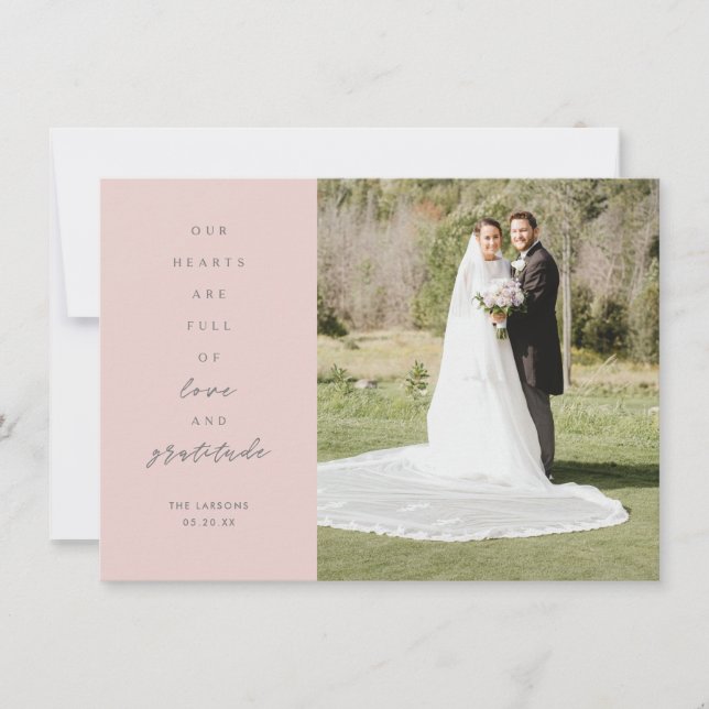 Hearts are Full Two Photo Blush Gray Wedding Thank You Card (Front)