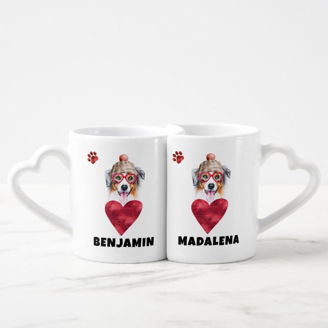 Hearts Australian Shepherd Valentine Day Gift Dog Coffee Mug Set (Front Nesting)