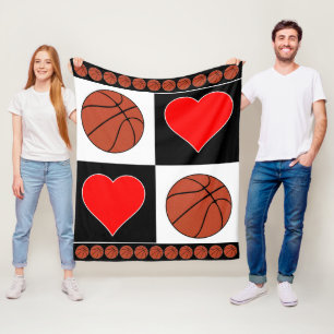 Hearts & Basketball Players Cute Checker Pattern Fleece Blanket