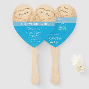 Hearts Beach Wedding ceremony program Blue Hand Fan