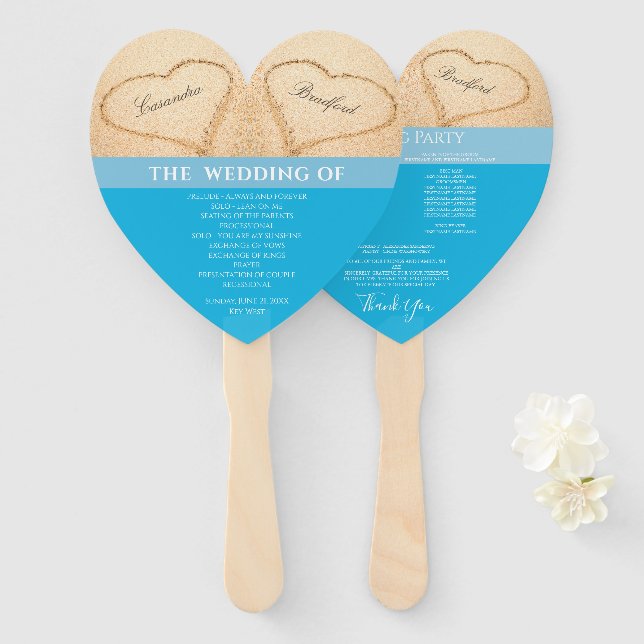 Hearts Beach Wedding ceremony program Blue Hand Fan (Front and Back)