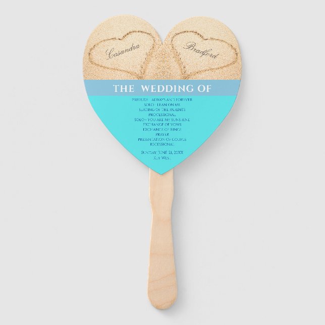 Hearts  Beach Wedding ceremony program Teal Blue H Hand Fan (Front)